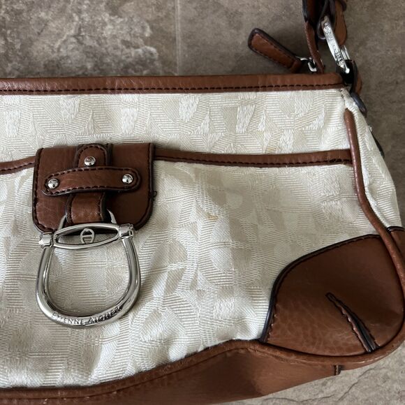 Etienne Aigner 24116 Small Handbag Brown Leather Beige Canvas Inner Pockets - Picture 3 of 8